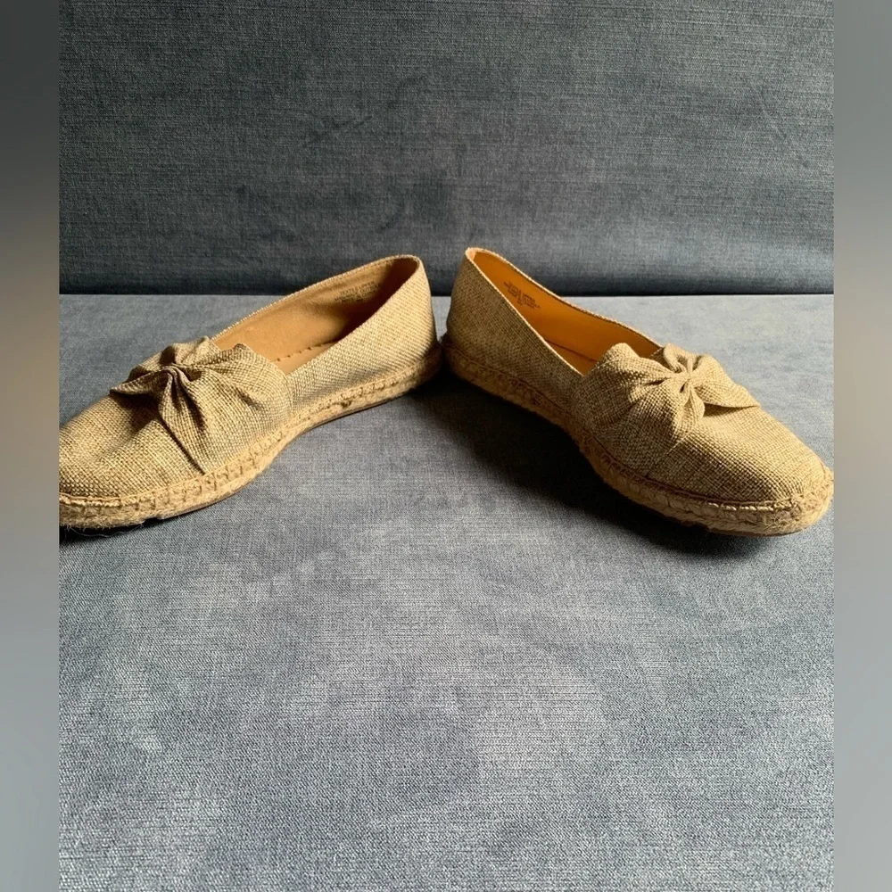 Talbots Womens Izzy Cinched Bow Tan Linen Espadrille Slip On Dressy Flats 8